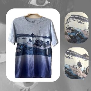 (men) uniqlo • 🎉LE🎉 hokusai blue gray ombré japanese graphic oversized tshirt